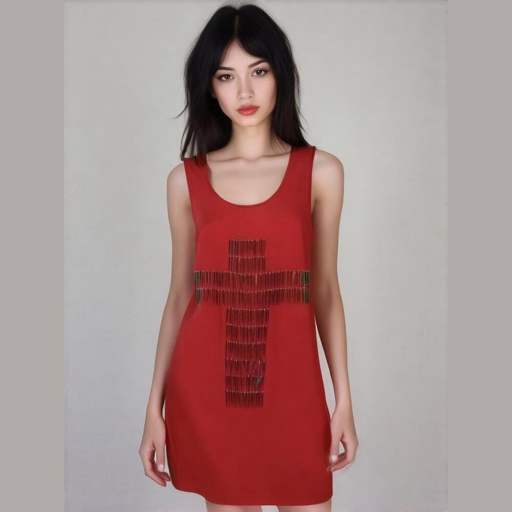Nameless Red Beaded Cross Sleeveless Cut Out Back Sheath Edgy Mini Dress M